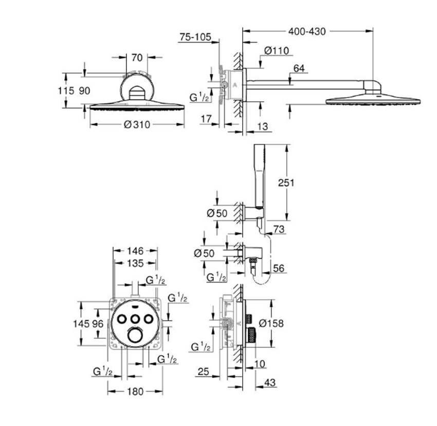 Zestaw prysznicowy Grohe Grohtherm SmartControl 34705000 rys techniczny