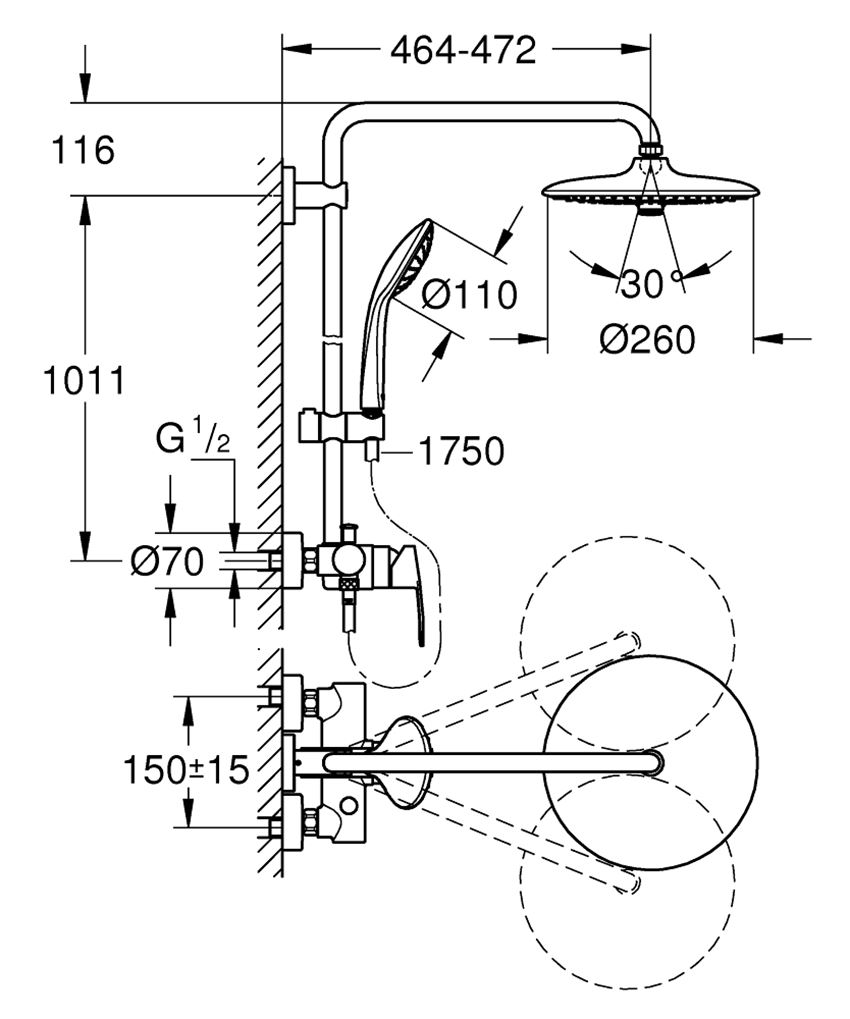 System prysznicowy z jednouchwytową baterią ścienną Grohe Euphoria System 260 rysunek