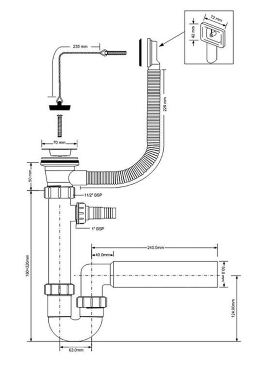 Syfon zlewozmywakowy rurowy McAlpine rysunek techniczny