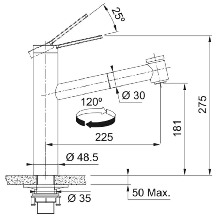Bateria kuchenna Franke Tango Neo pull-out spray 115.0596.389 rys techniczny