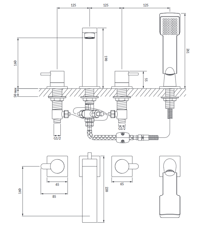 Bateria wannowa 4-otworowa chrom połysk Omnires Darling rysunek