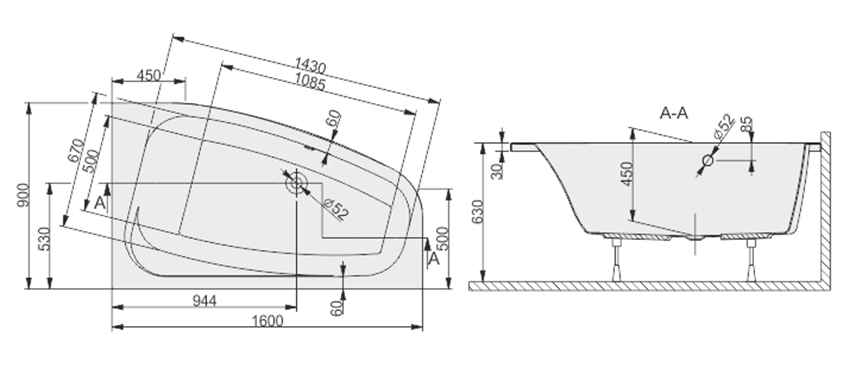 Wanna asymetryczna Sanplast Free Line 610-040-0690-01-000 rys techniczny