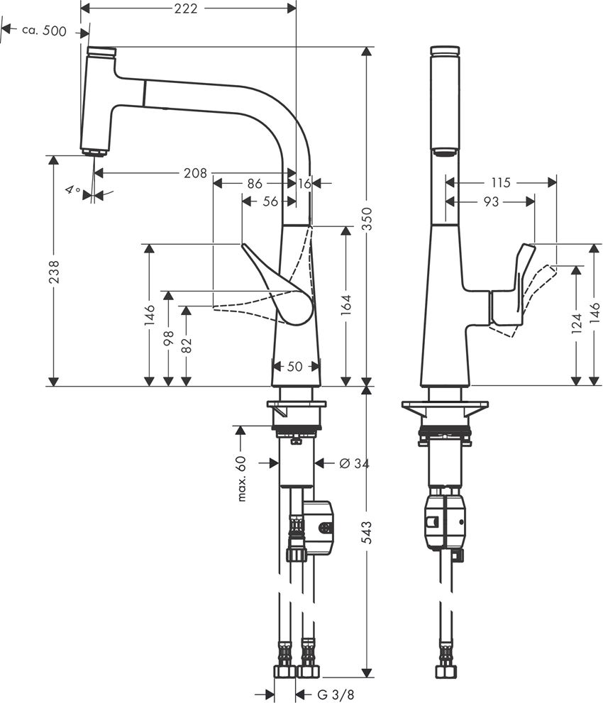 Jednouchwytowa bateria kuchenna 240 wyciągana wylewka Hansgrohe Metris M71 rysunek techniczny
