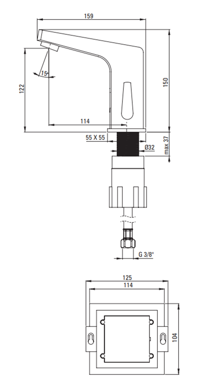 Bateria sensoryczna Deante Sensor BCH 029V rys techniczny