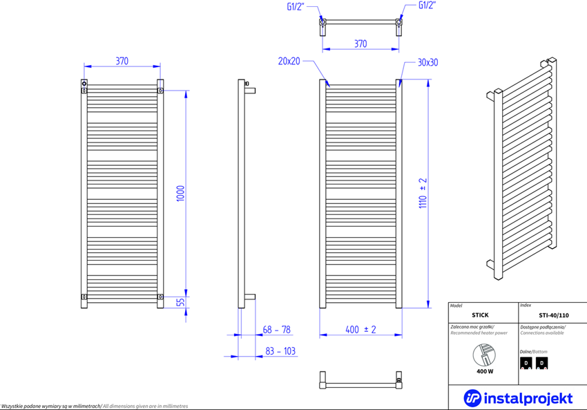 Grzejnik drabinkowy 40x110 cm Instal-Projekt Stick rysunek