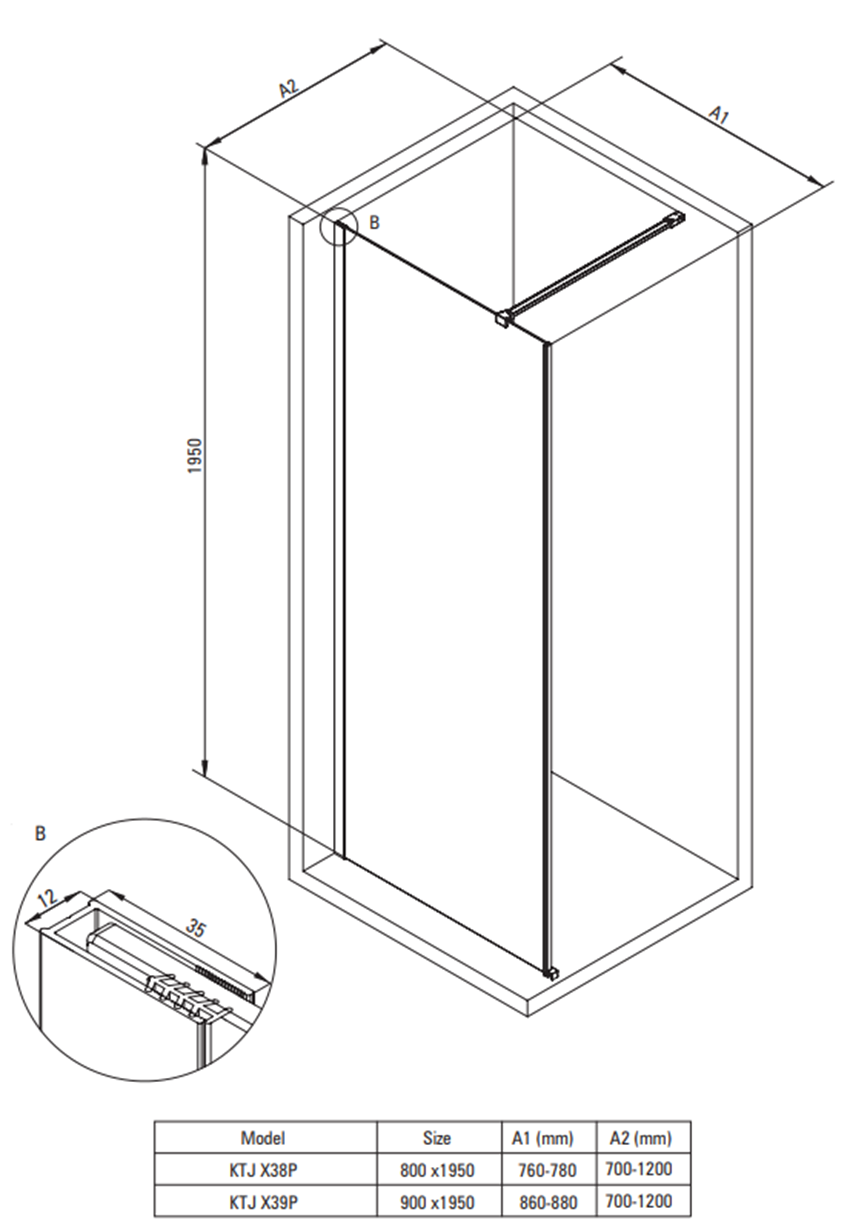 Walk-in Deante Prizma KTJ R39P rys techniczny