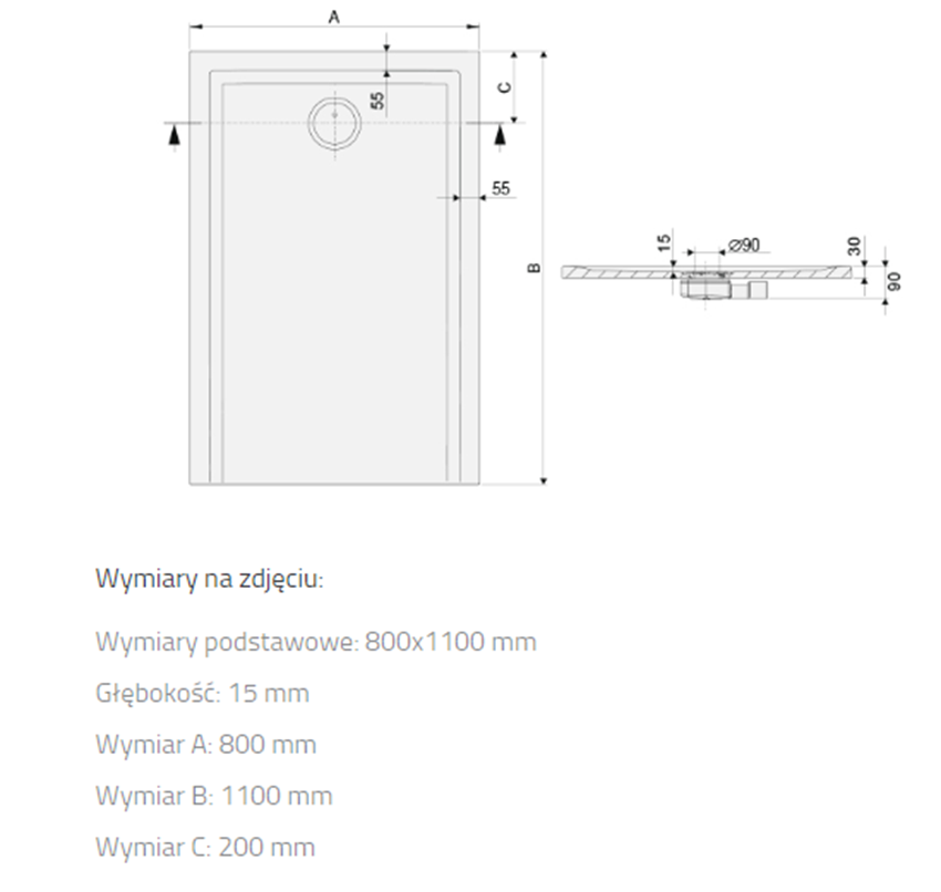 Brodzik Sanplast Space Mineral 645-410-0340-01-002 rys techniczny