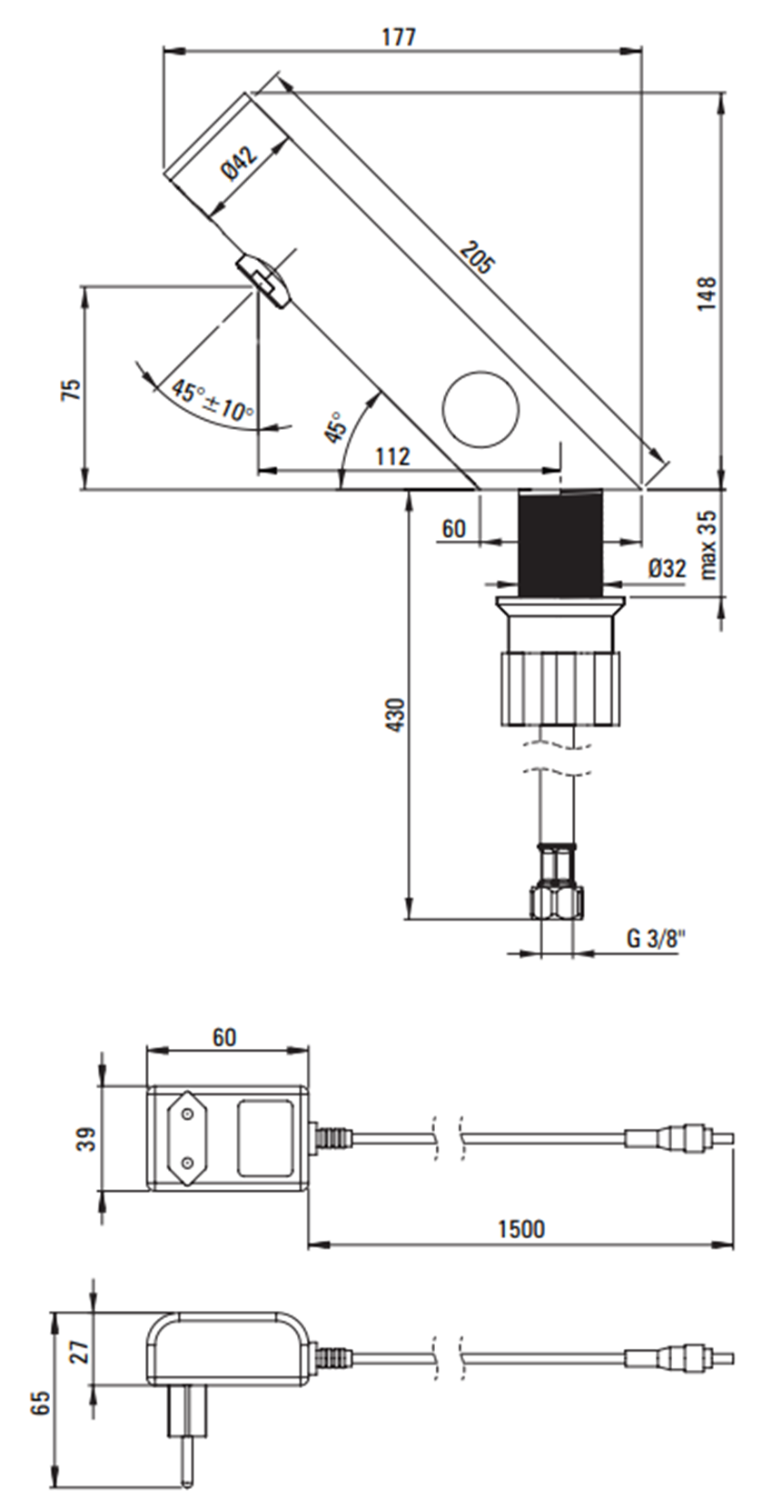 Bateria Deante Sense BQR F29V rys techniczny