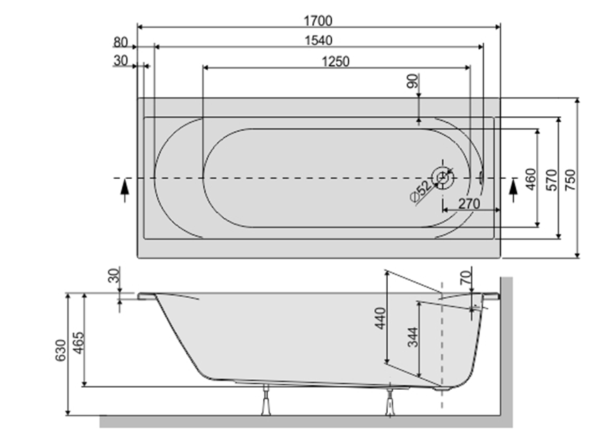 Wanna prostokątna Sanplast Prestige 610-070-0160-01-000 rys techniczny