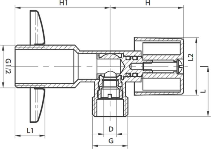 Zawór wodny kątowy KFA 707-020-10 rys techniczny