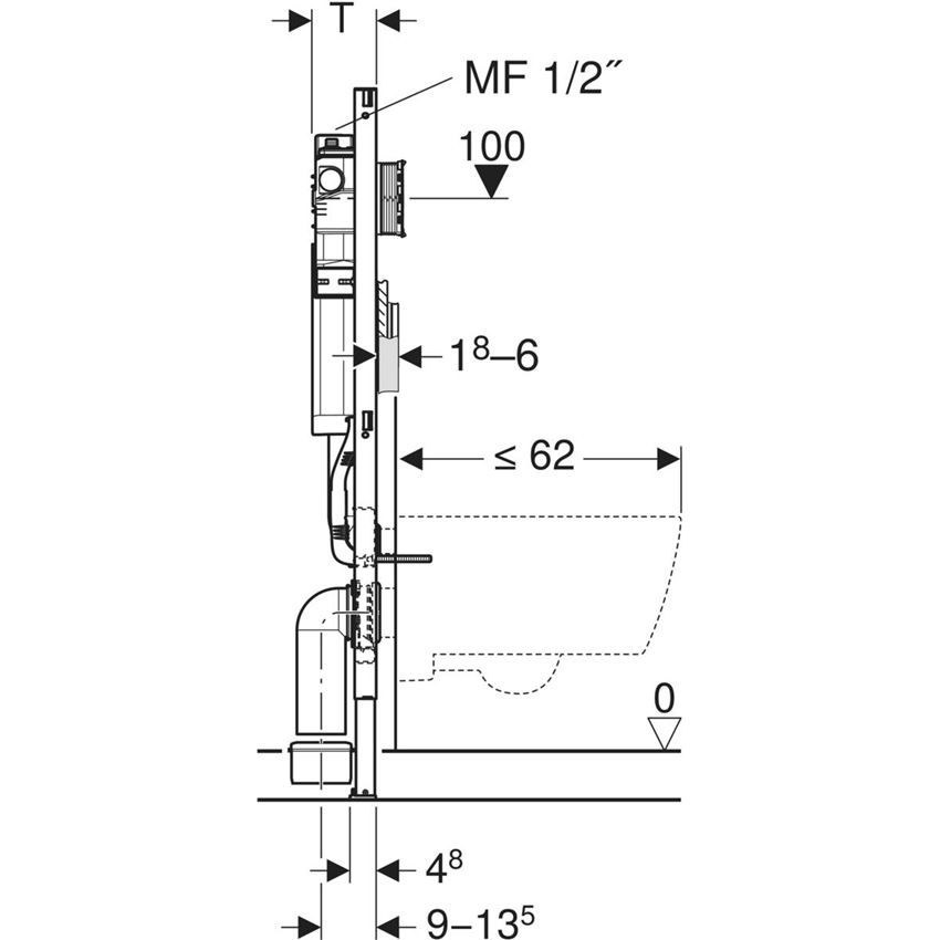 Element montażowy Geberit Duofix do wiszących misek WC 112 cm ze spłuczką podtynkową Sigma 12 rysunek