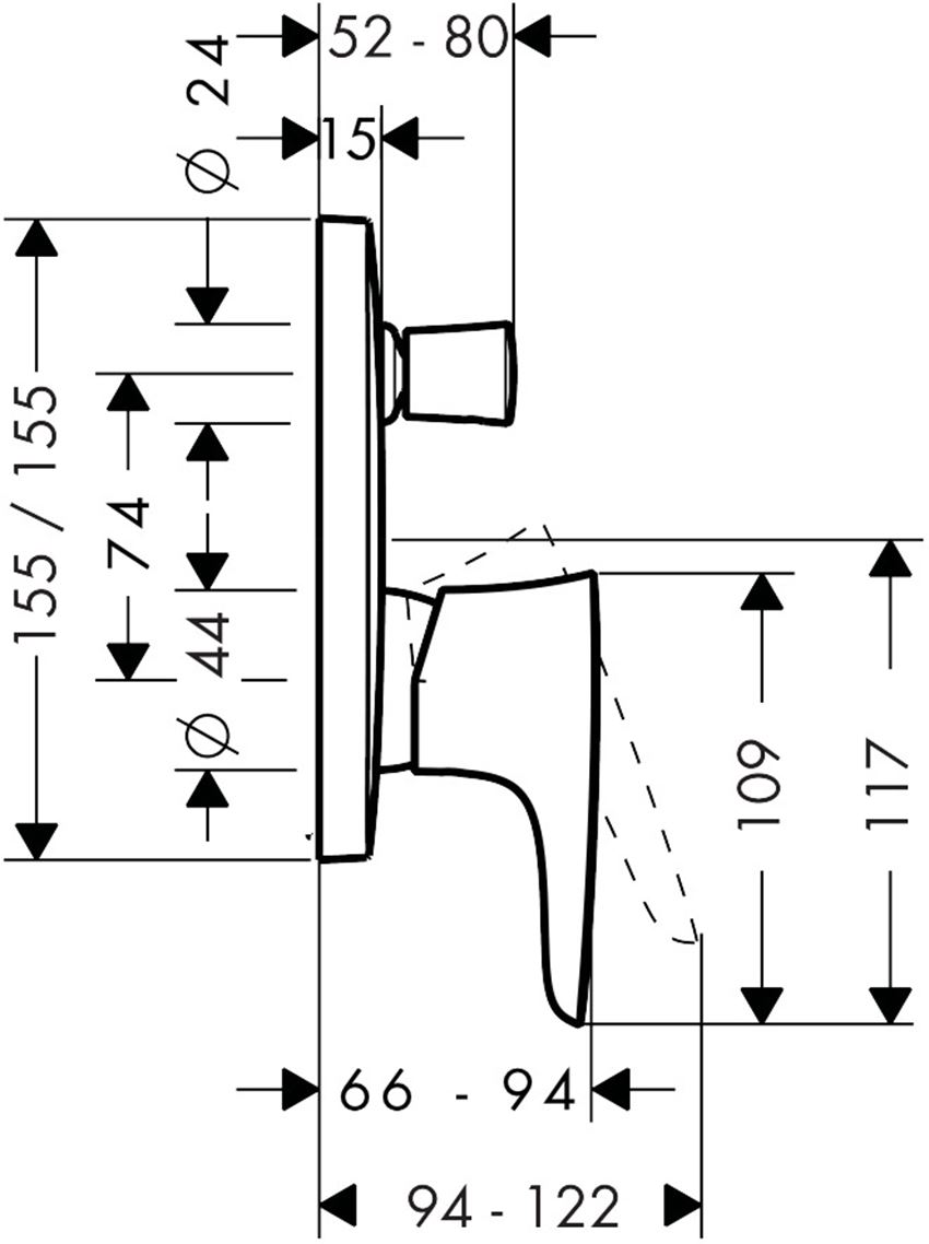 Jednouchwytowa bateria wannowa montaż podtynkowy element zewnętrzny chrom Hansgrohe PuraVida rysunek techniczny
