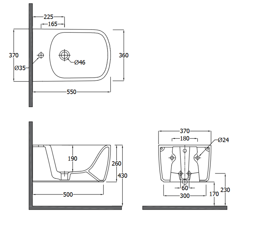 Bidet wiszący 36x55 cm Kludi Resa rysunek