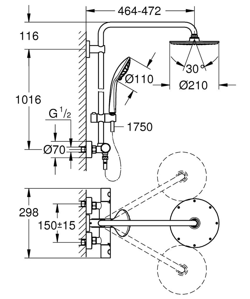 System prysznicowy z termostatem do montażu ściennego Grohe Euphoria System 210 rysunek