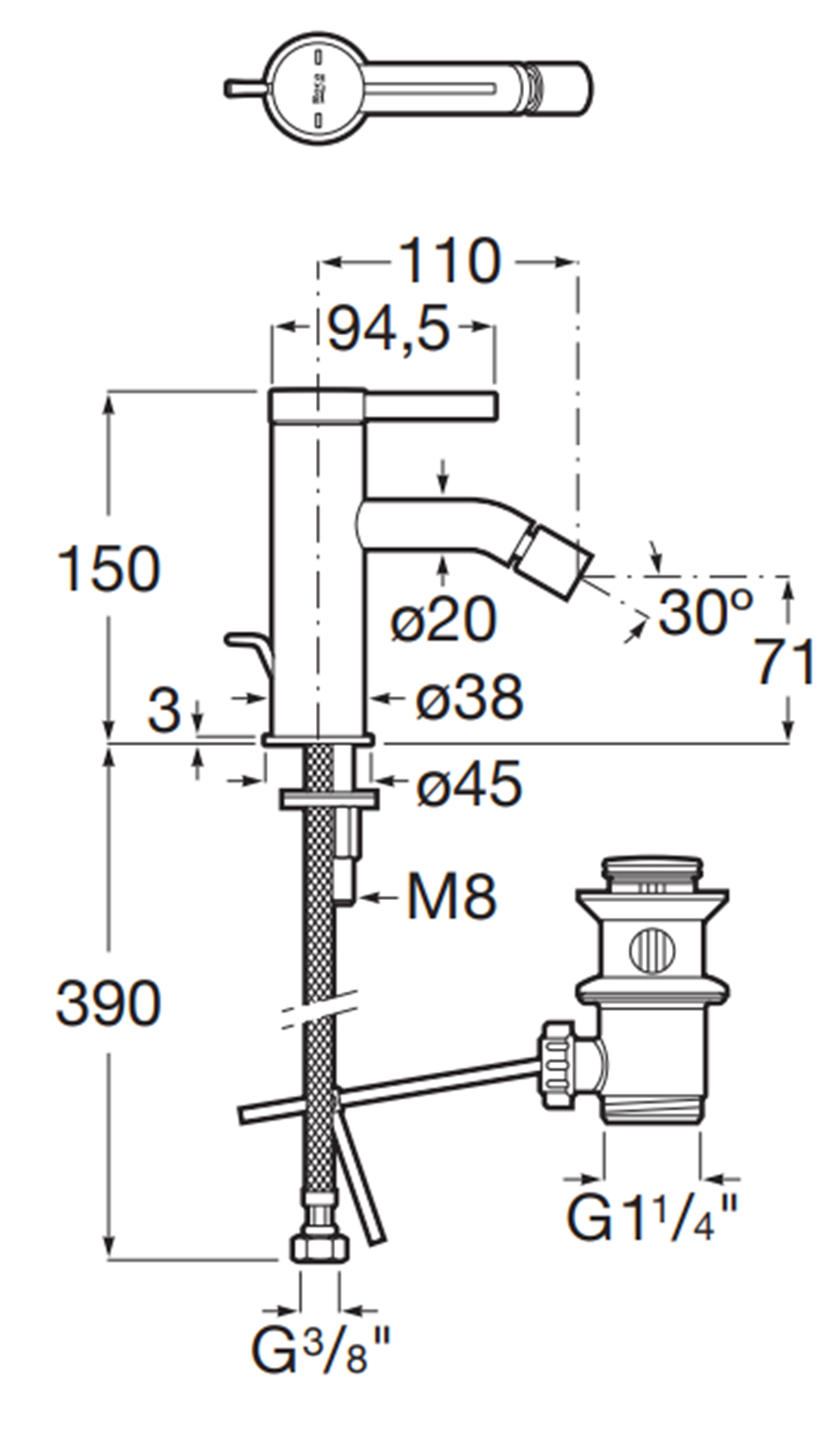 Bateria bidetowa Roca Ona A5A609ECN0 rys techniczny