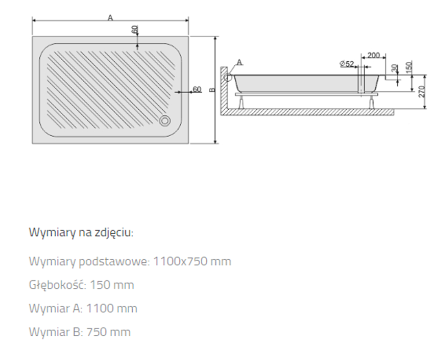 Brodzik prostokątny Sanplast Classic 615-010-0340-01-000 rys techniczny