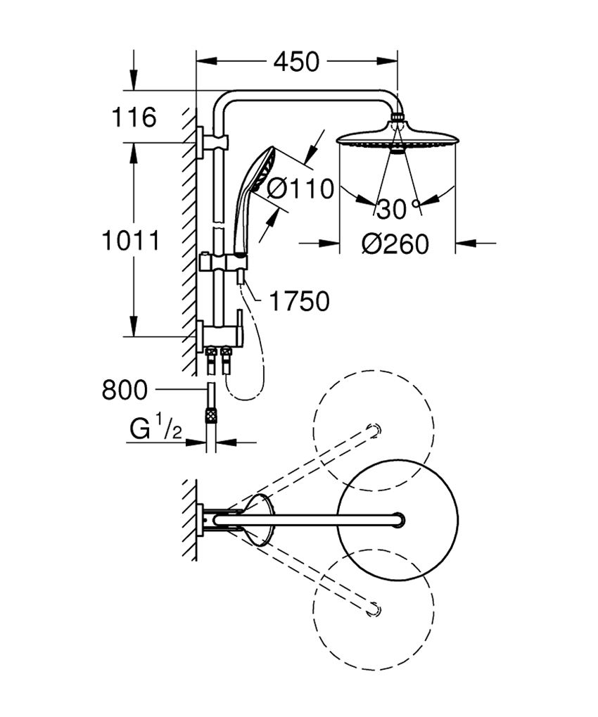 System prysznicowy z przełącznikiem do montażu ściennego Grohe Euphoria System 260 rysunek