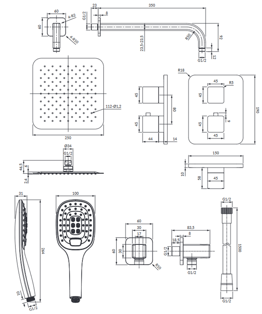 Kompletny łazienkowy system podtynkowy termostatyczny chrom Omnires Parma rysunek