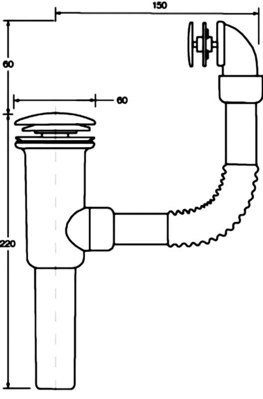 Spust umywalkowy 3,2x22 cm McAlpine rysunek techniczny