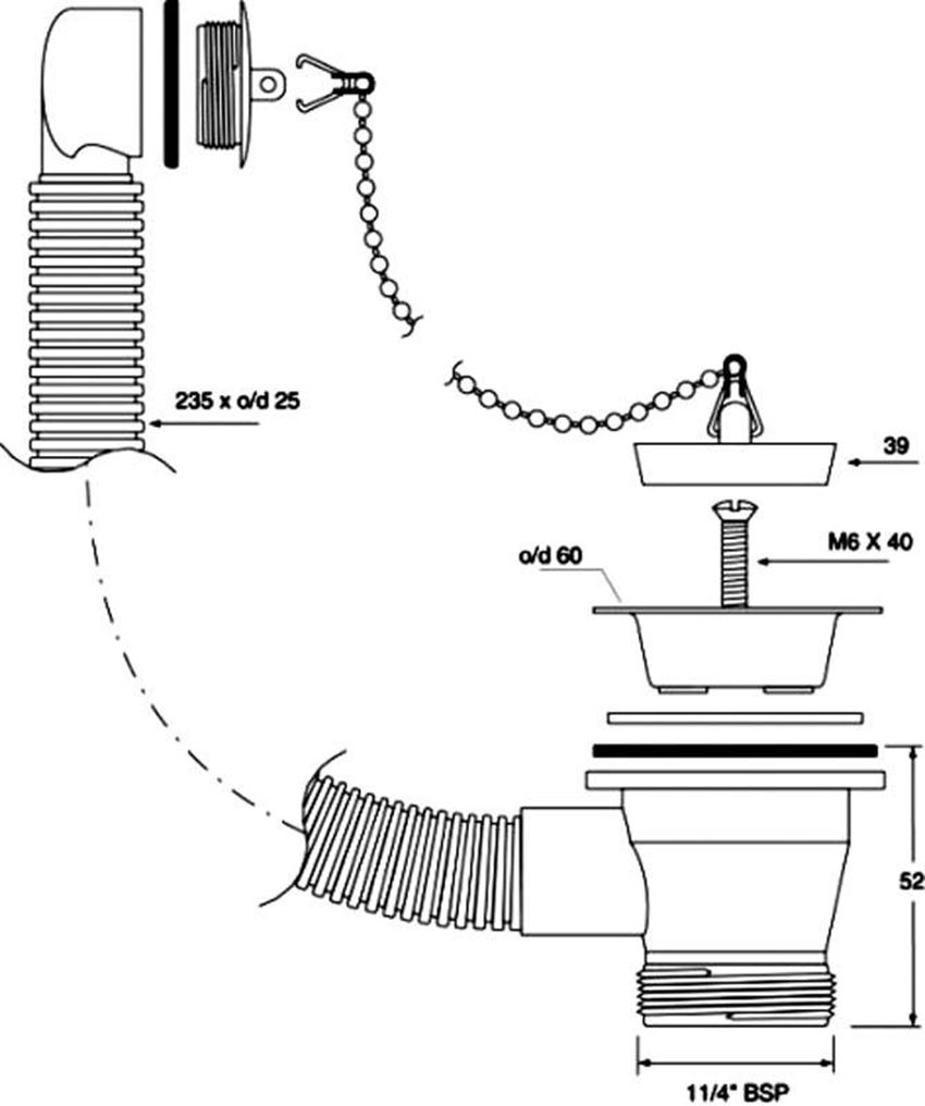 Spust umywalkowy McAlpine rysunek techniczny