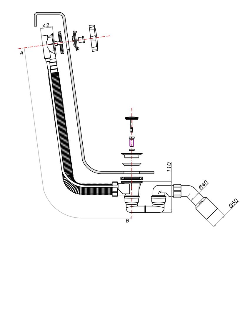 Syfon wannowy przelewowo-odpływowy z automatycznym korkiem Omnires rysunek techniczny