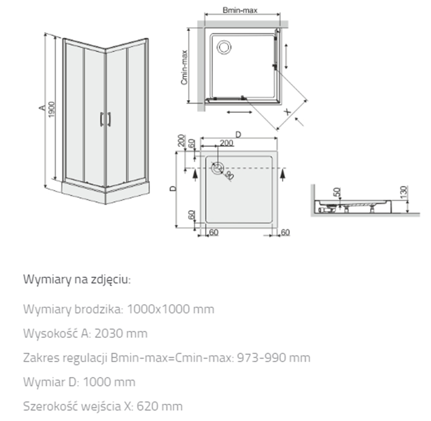 Kabina prysznicowa Sanplast TX 602-271-0240-39-231 rys techniczna