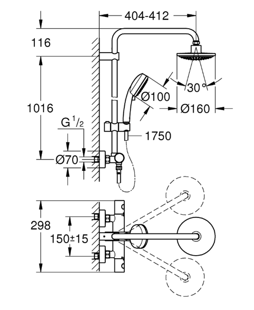 Zestaw prysznicowy Grohe Tempesta Cosmopolitan 160 System 27922000 rys techniczny