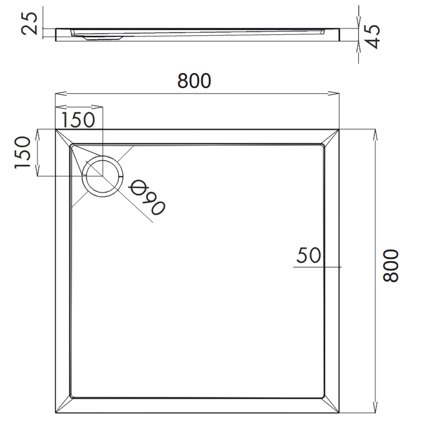 Brodzik kwadratowy akrylowy 80x80x2,5/4,5 cm biały połysk Omnires Merton