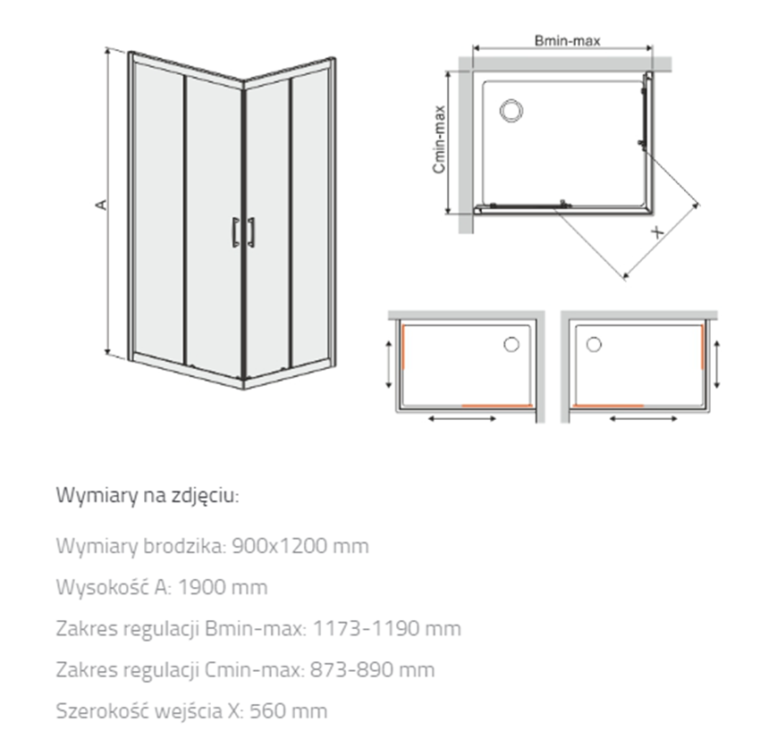 Kabina narożna Sanplast TX 600-271-1860-38-401 rys techniczny