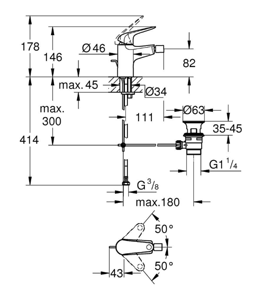 Bateria bidetowa Grohe Euroeco 23263001 rys techniczny