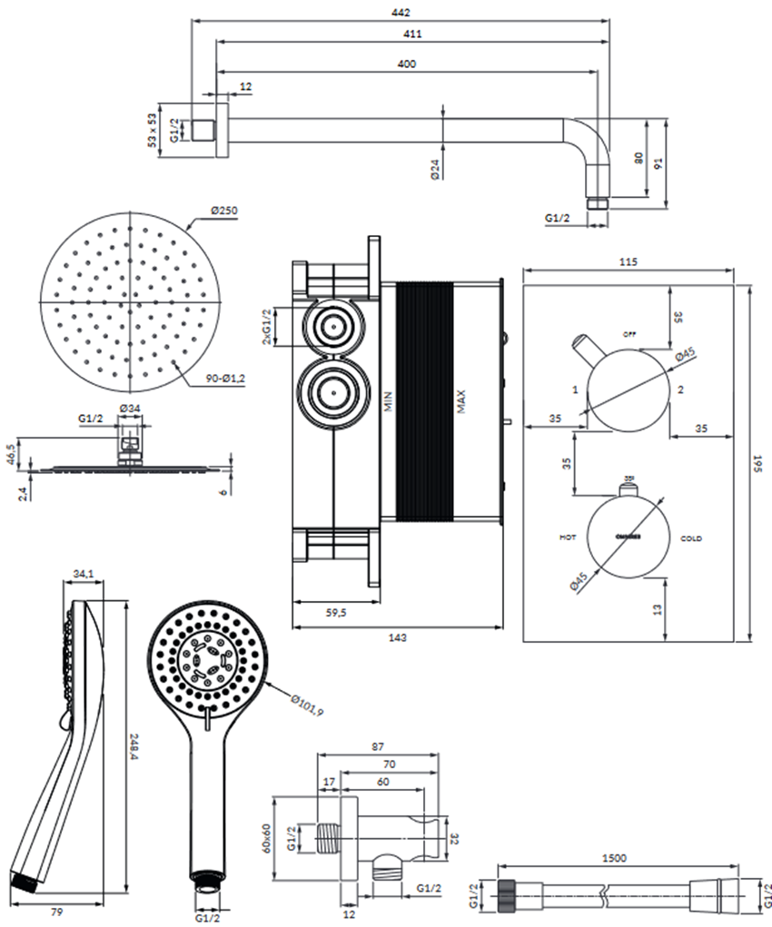 Termostatyczny system prysznicowy podtynkowy chrom Omnires Y rysunek