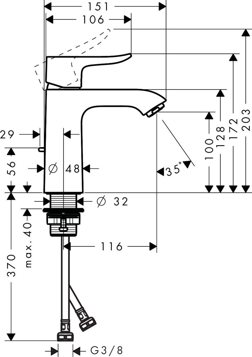 Jednouchwytowa bateria umywalkowa 110 z cięgłem Hansgrohe Metris rysunek techniczny