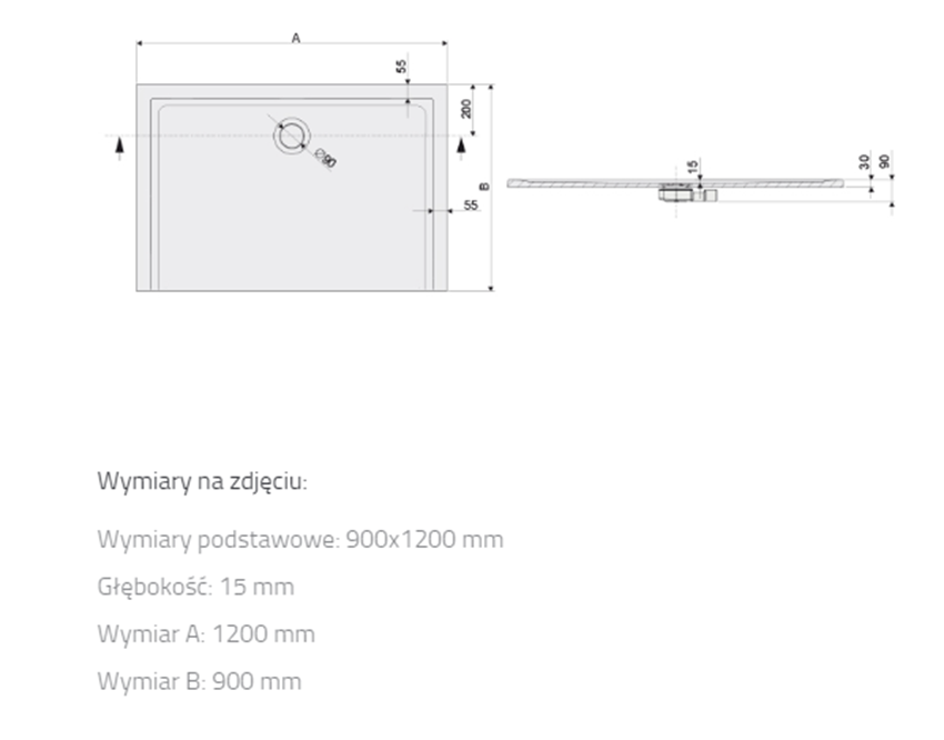 Brodzik prostokątny Sanplast Space Mineral 645-290-0550-01-002 rys techniczny