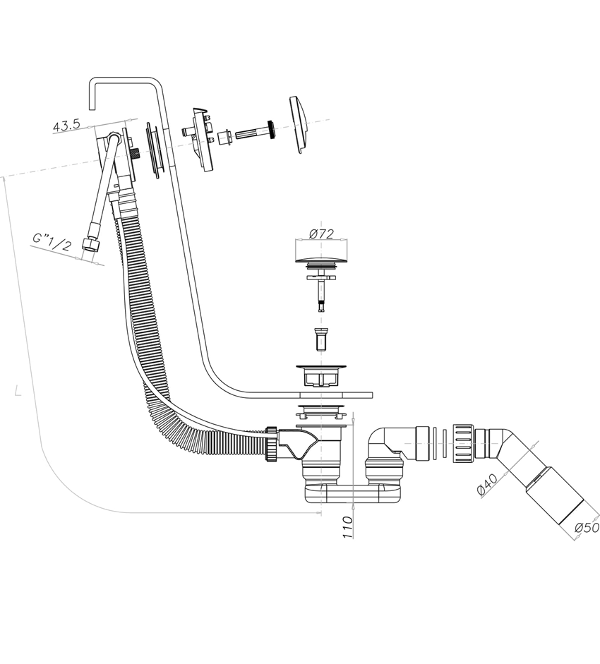 Syfon wannowy przelewowo-odpływowo-napełniający z automatycznym korkiem Omnires rysunek techniczny