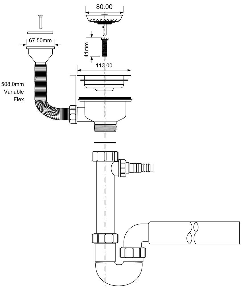Syfon zlewozmywakowy rurowy McAlpine rysunek techniczny