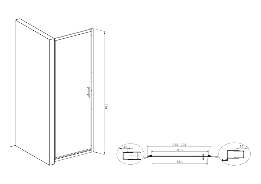 Drzwi uchylne 100x195 cm Roca Town rysunek techniczny