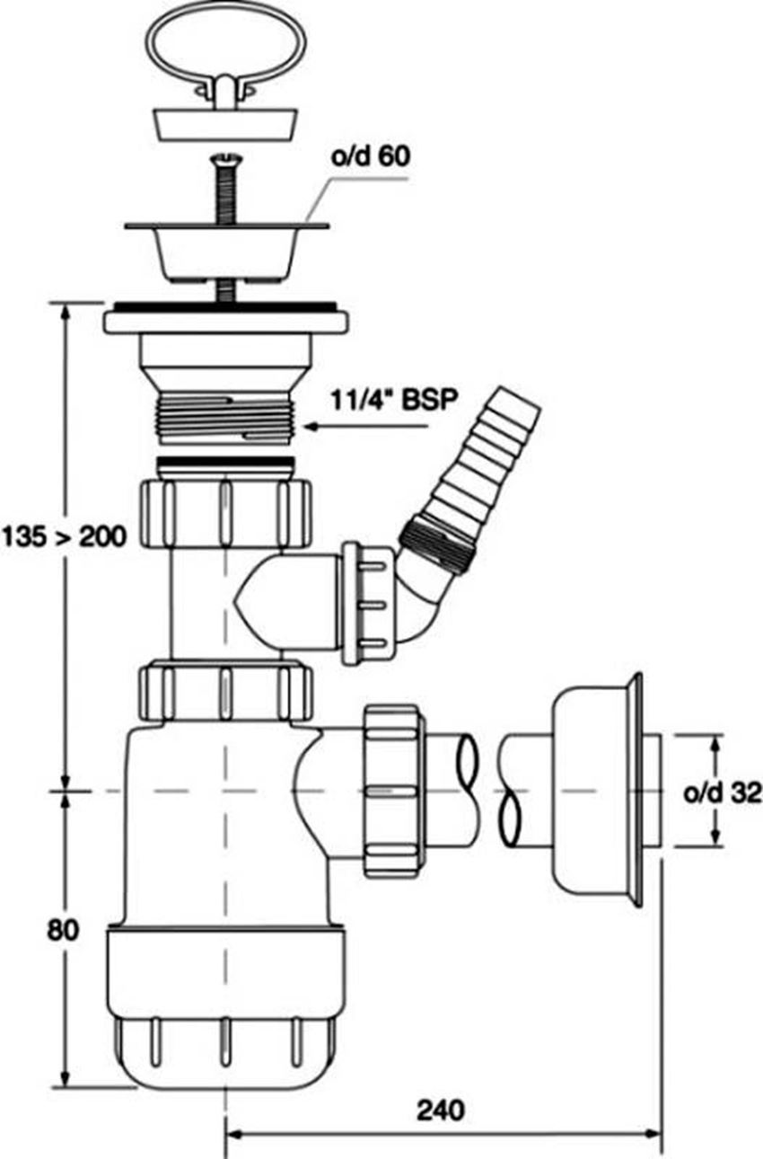 Syfon umywalkowy butelkowy niski McAlpine rysunek techniczny