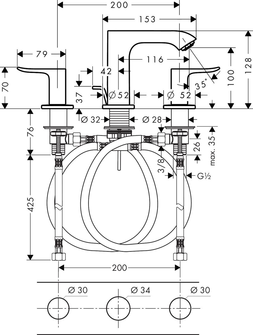 3-otworowa bateria umywalkowa 100 z cięgłem Hansgrohe Metris rysunek techniczny