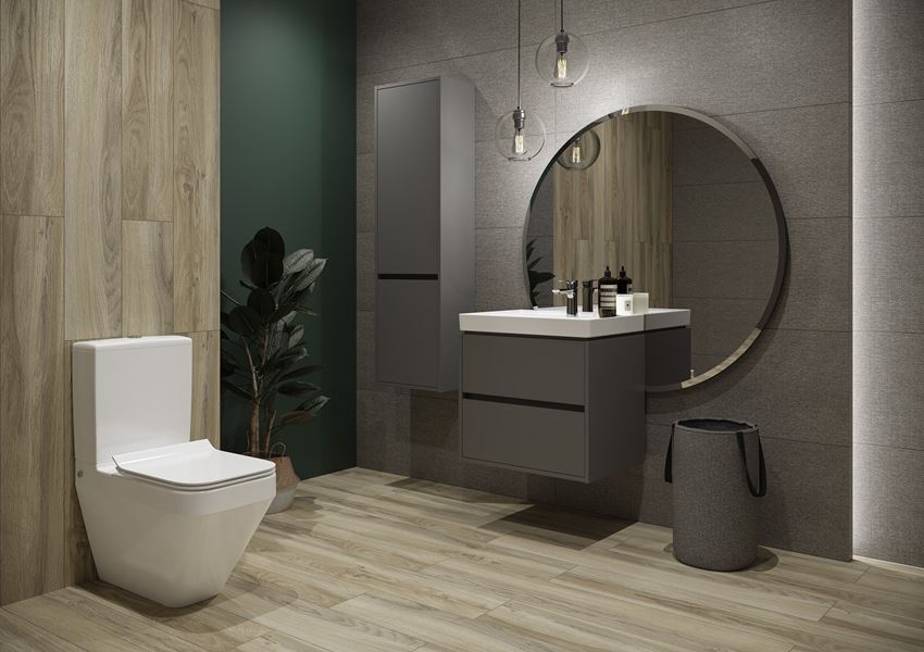 Szaro-brązowa łazienka z podwieszanymi meblami Cersanit Crea