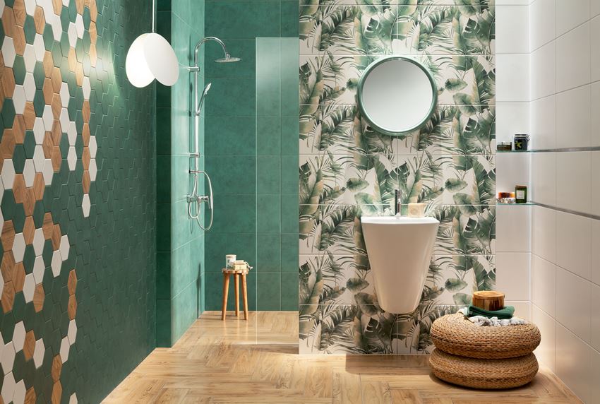 Zielona łazienka z heksagonami w nowoczesnym stylu