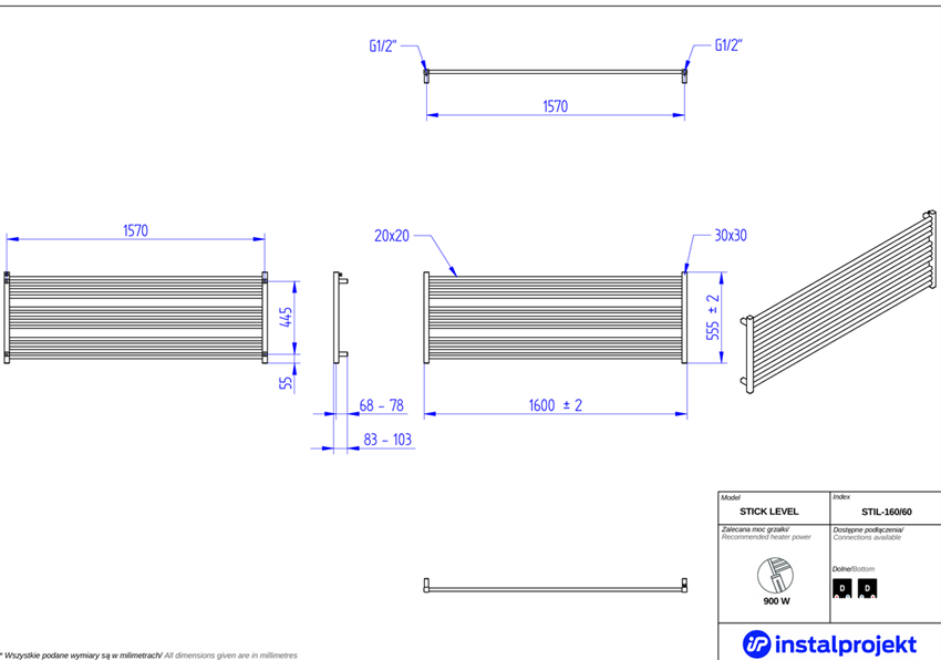 Grzejnik łazienkowy 160x60 cm Instal-Projekt Stick Level rysunek