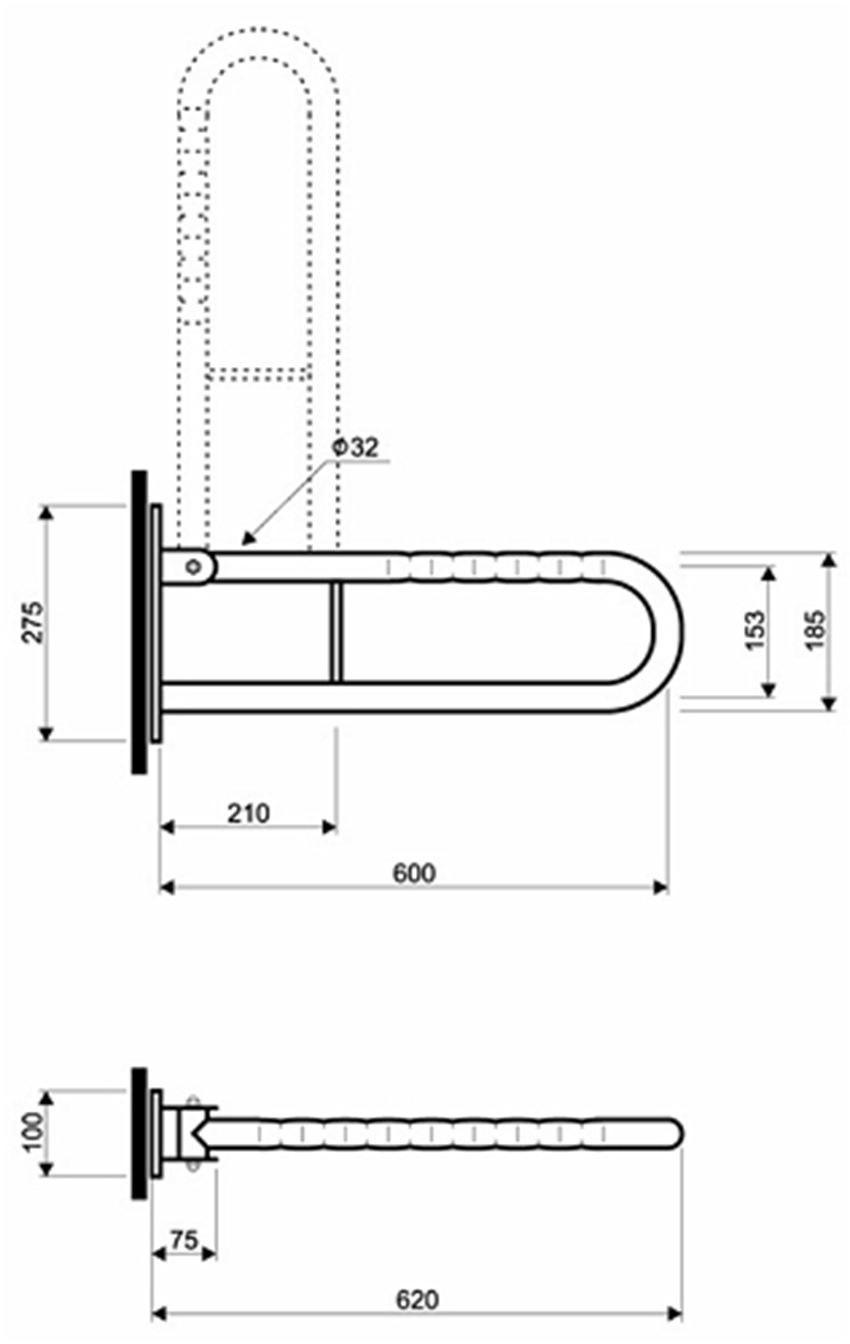 Poręcz łukowa uchylna 60 cm powierzchnia falista Koło Lehnen Funktion rysunek techniczny