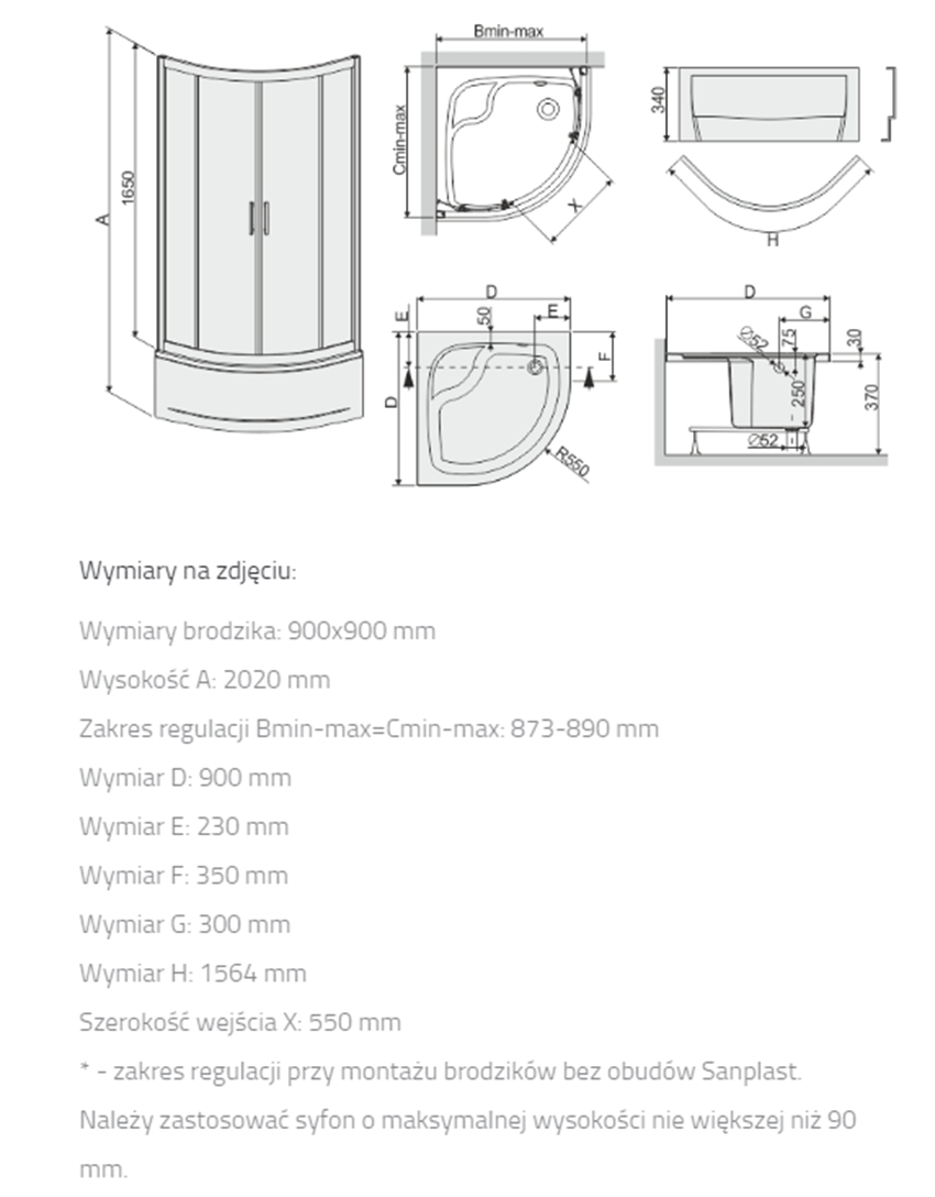 Kabina prysznicowa Sanplast TX 602-271-0362-39-501 rys techniczny