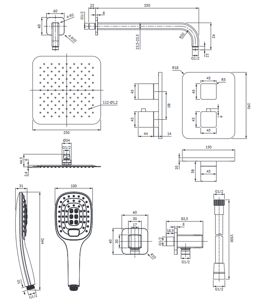 Zestaw prysznicowy podtynkowy z baterią termostatyczną Omnires Slide rysunek