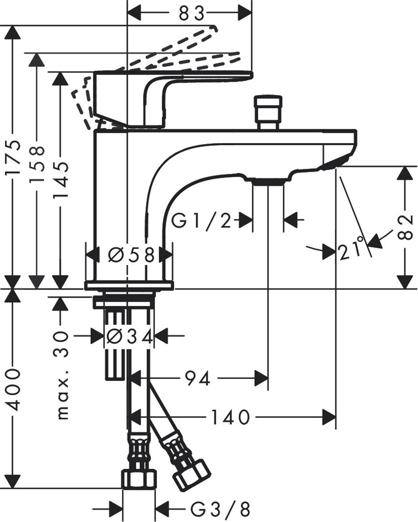 Jednouchwytowa bateria wannowa Monotrou z przełącznikiem ciśnieniowym z 2 zakresami przepływu chrom Hansgrohe Rebris S rysunek