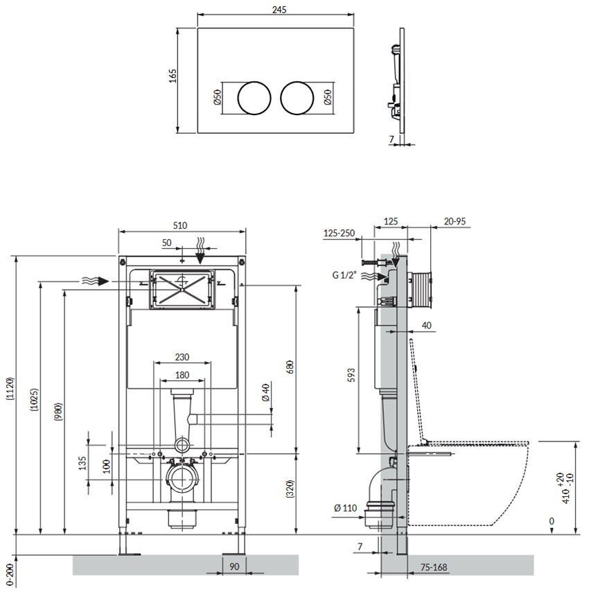 Strongframe stelaż podtynkowy do miski toaletowej + Minimal przycisk spłukujący  Omnires Flush Set rysunek