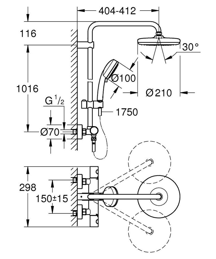 Zestaw prysznicowy z termostatem do montażu ściennego chrom Grohe Tempesta Cosmopolitan System 210 rysunek