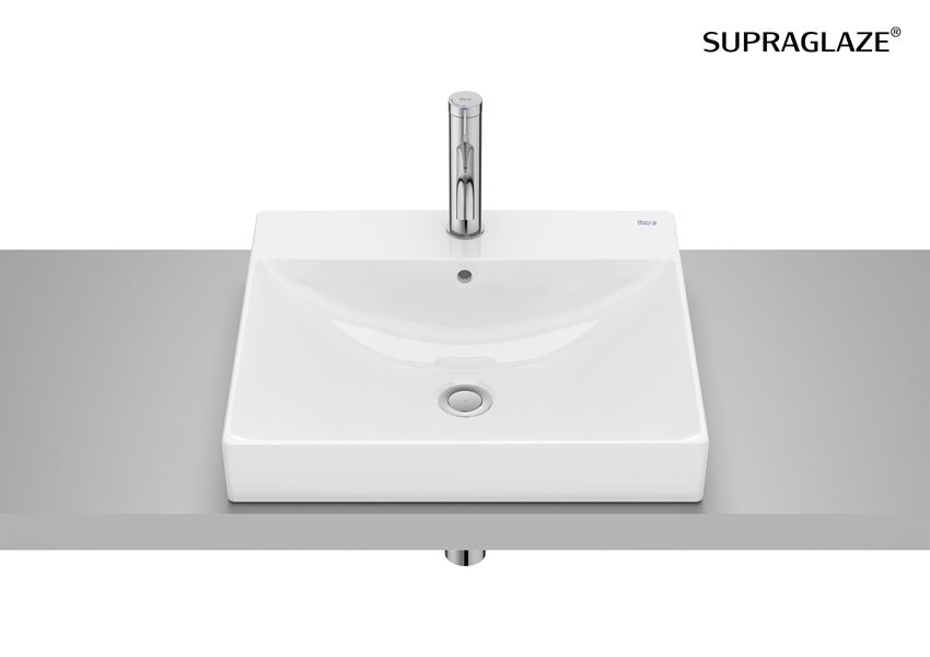 Umywalka blatowa prostokątna z otworem na baterię z powłoką Superglaze 50 cm biała Roca Ona