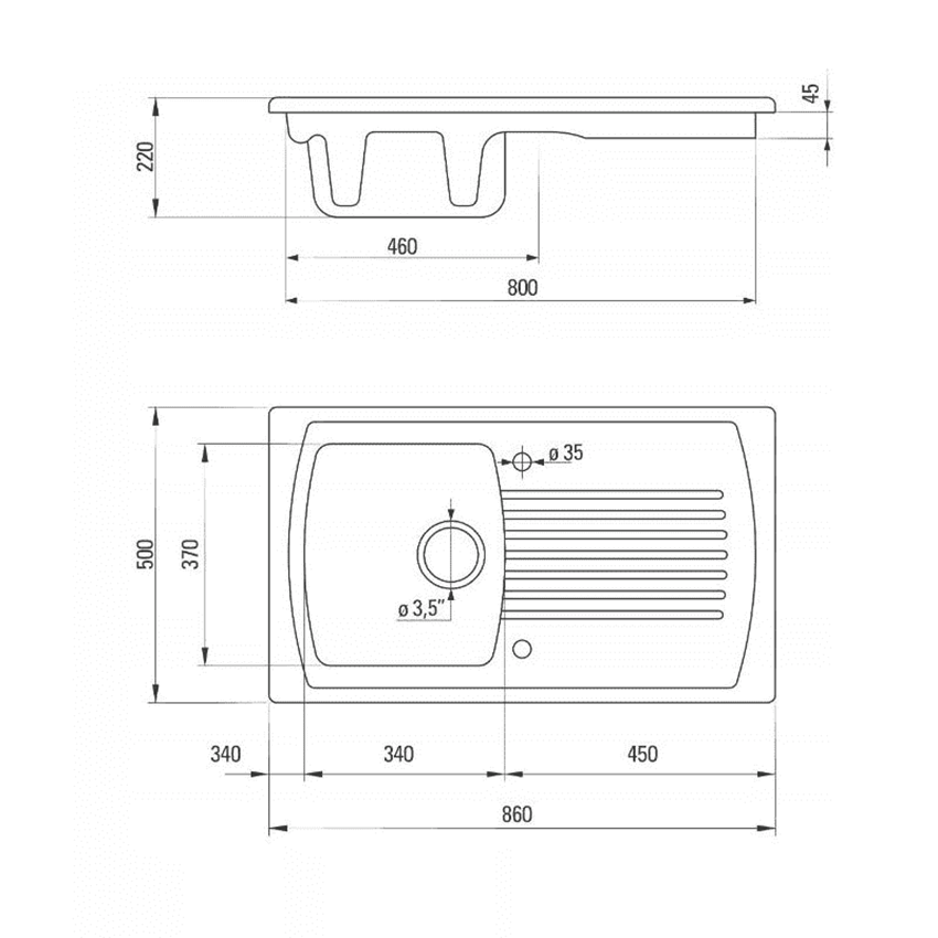 Zlewozmywak 1-komorowy z ociekaczem Deante Lusitano rysunek techniczny