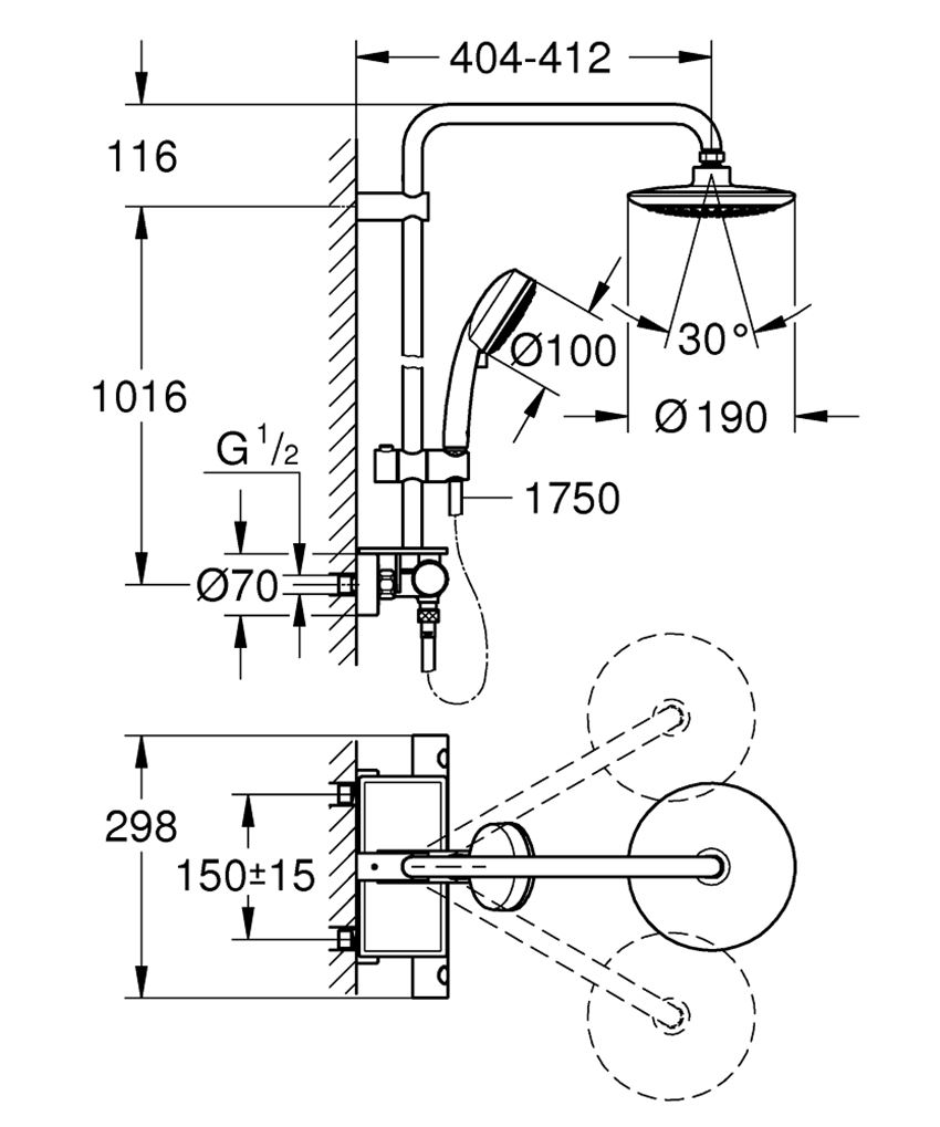 System prysznicowy z termostatem do montażu ściennego Grohe Euphoria System 190 rysunek